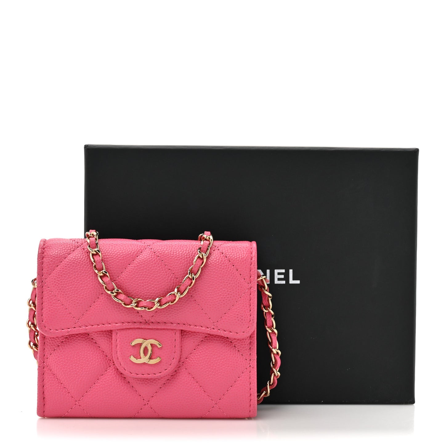 Caviar Quilted Flap Card Holder On Chain Pink