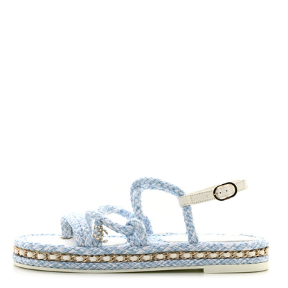 Chanel Lambskin Cord Chain CC Sandals 40 Blue White 1 of 9