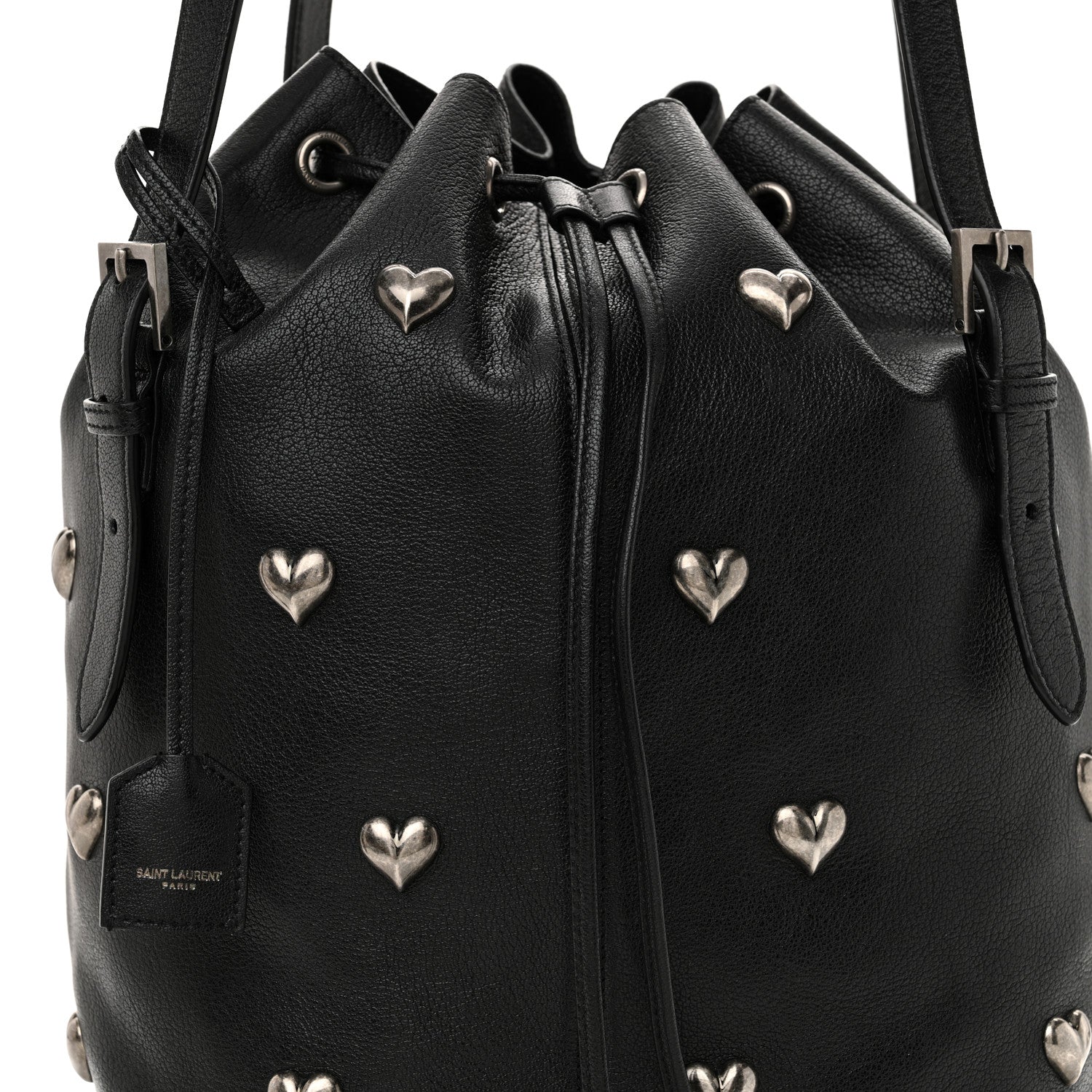 Saint Laurent Lambskin Medium Heart Studded Riva Bucket Bag Black 8 of 11