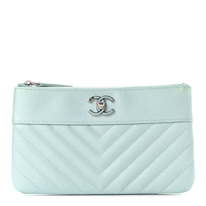 Chanel Metallic Caviar Chevron Quilted Mademoiselle Vintage Zip Pouch Light Blue 1 of 9