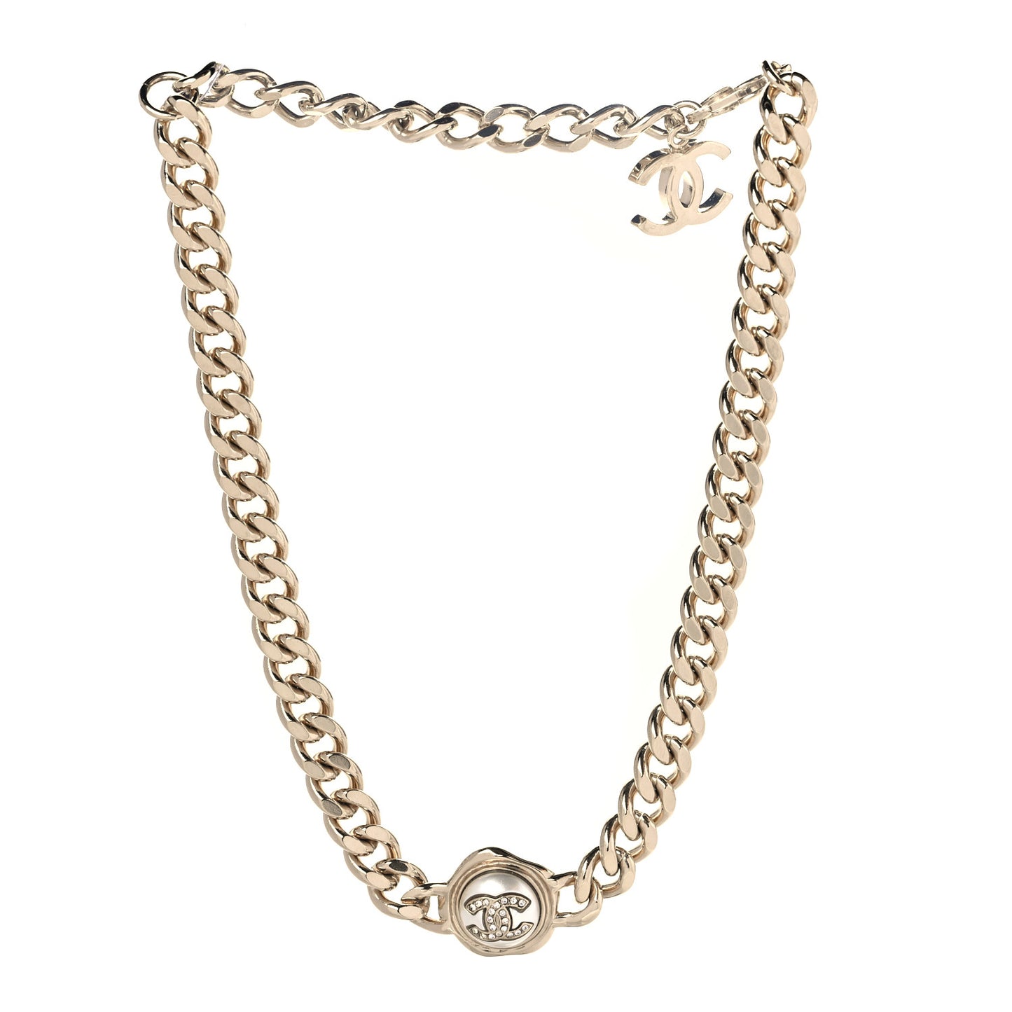 Pearl Crystal CC Chain Choker Necklace Gold