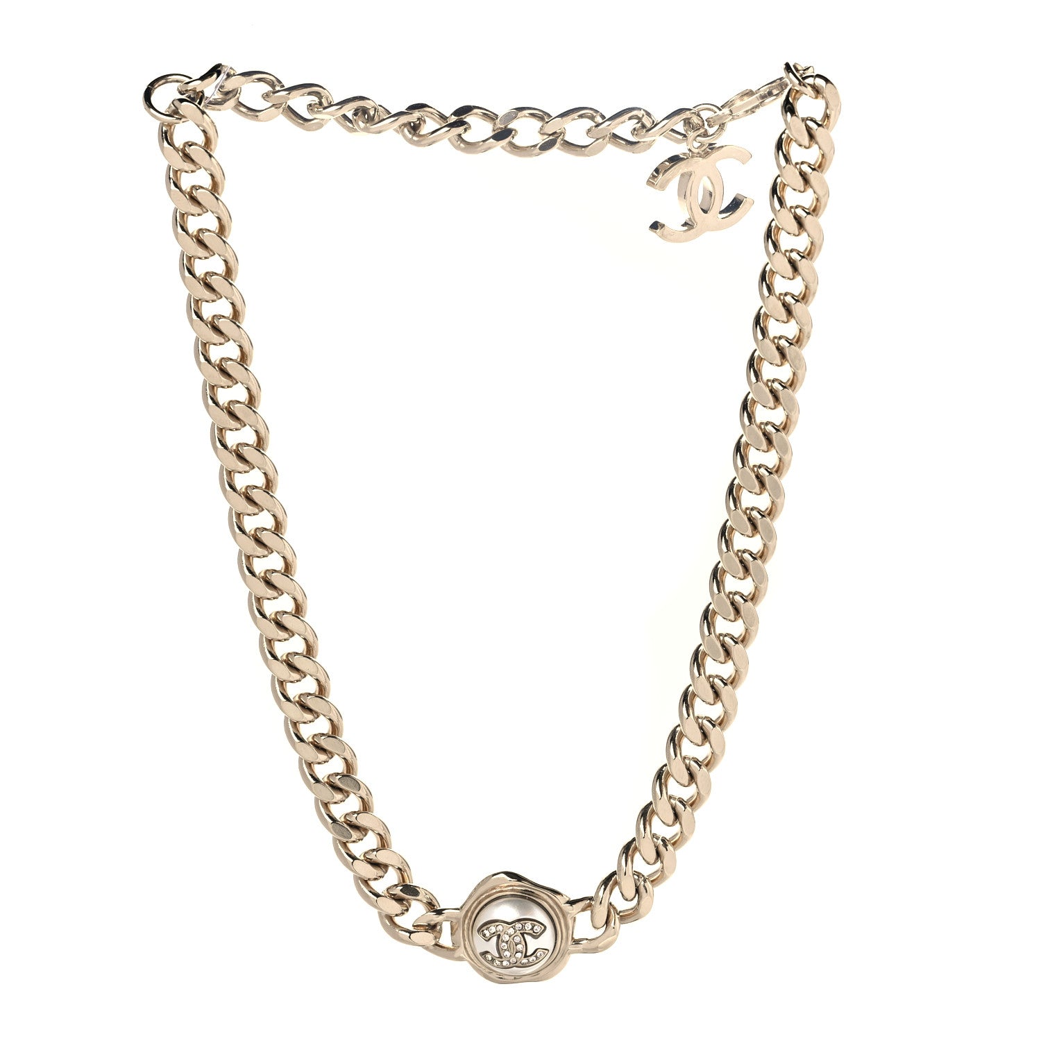 Chanel Pearl Crystal CC Chain Choker Necklace Gold 3 of 6