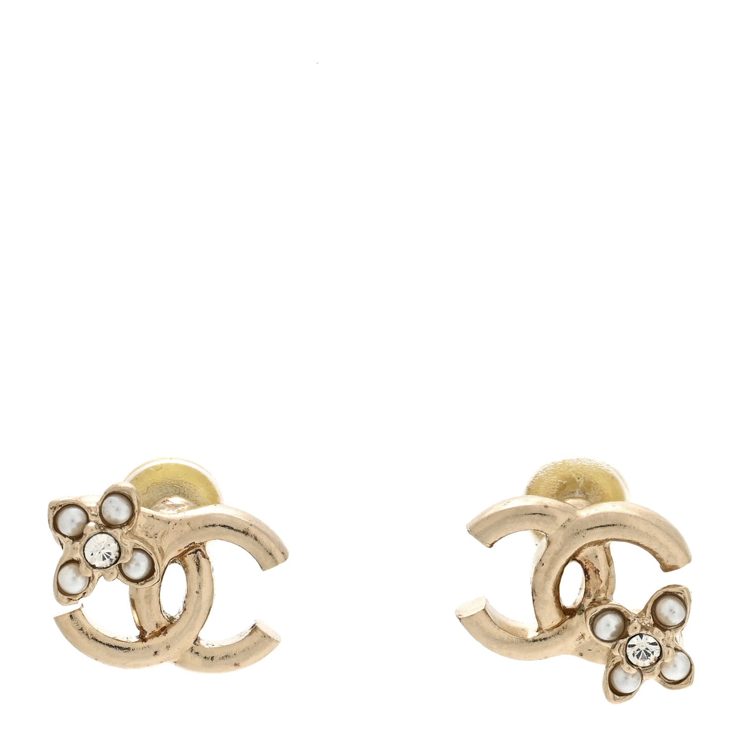 Metal Crystal Pearl CC Flower Earrings Gold