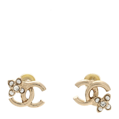 Chanel Metal Crystal Pearl CC Flower Earrings Gold 1 of 5