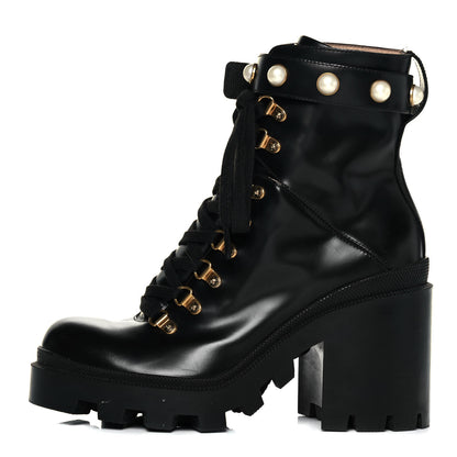 Gucci Magnum Calfskin Pearl Lace Up Combat Ankle Boots 39.5 Black 1 of 8