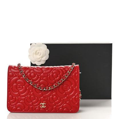 Chanel Caviar Camellia Embossed Wallet On Chain WOC Red 10 of 10