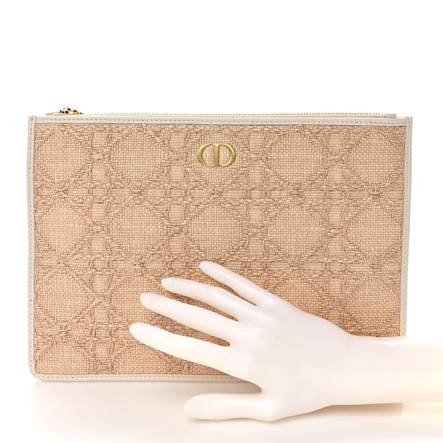 Raffia Cannage Large Caro Daily Zipped Pouch Natural