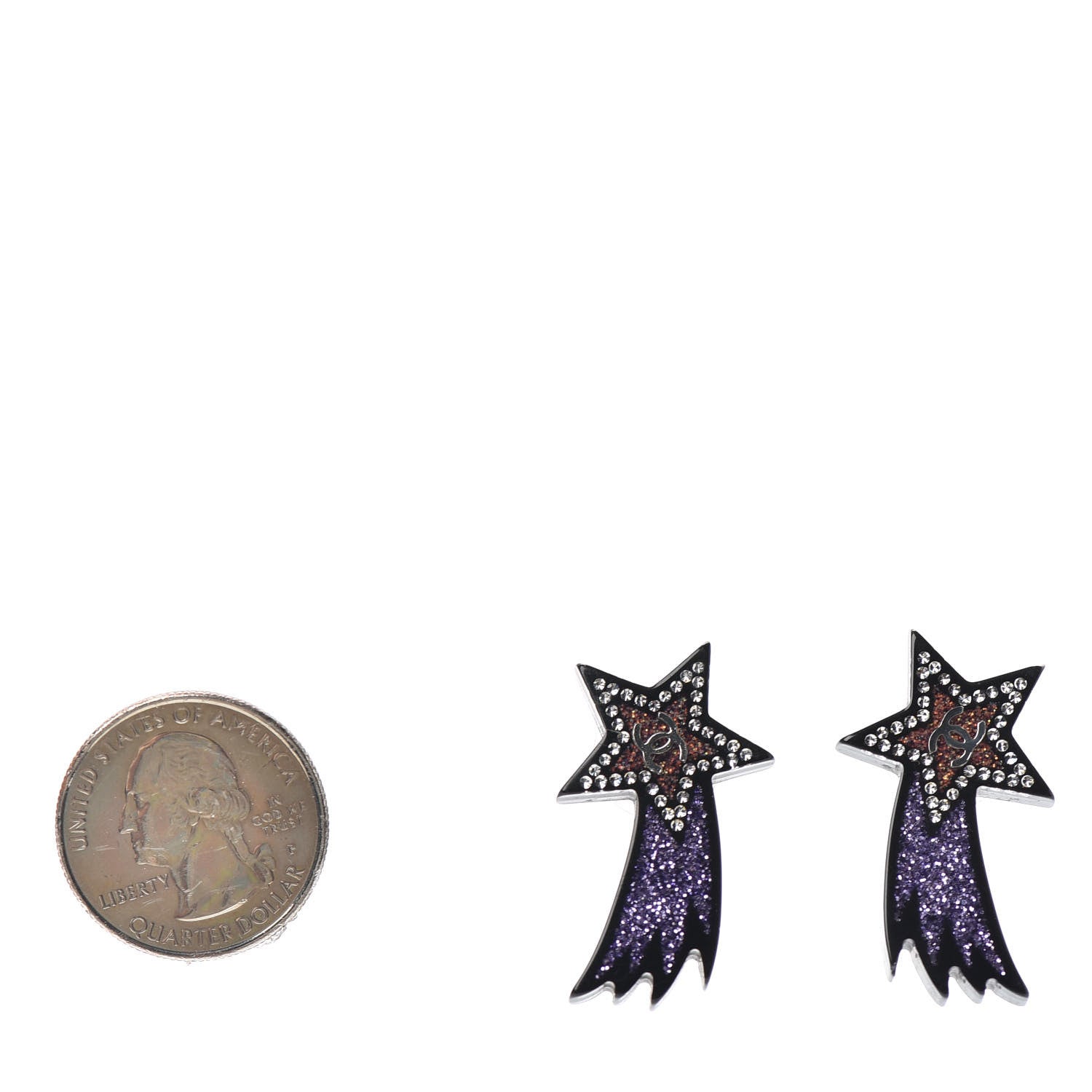 Chanel Resin Crystal CC Shooting Star Earrings Silver Purple 2 of 4