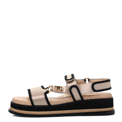 Chanel Satin CC Platform Sandals 37 Beige Black 1 of 15