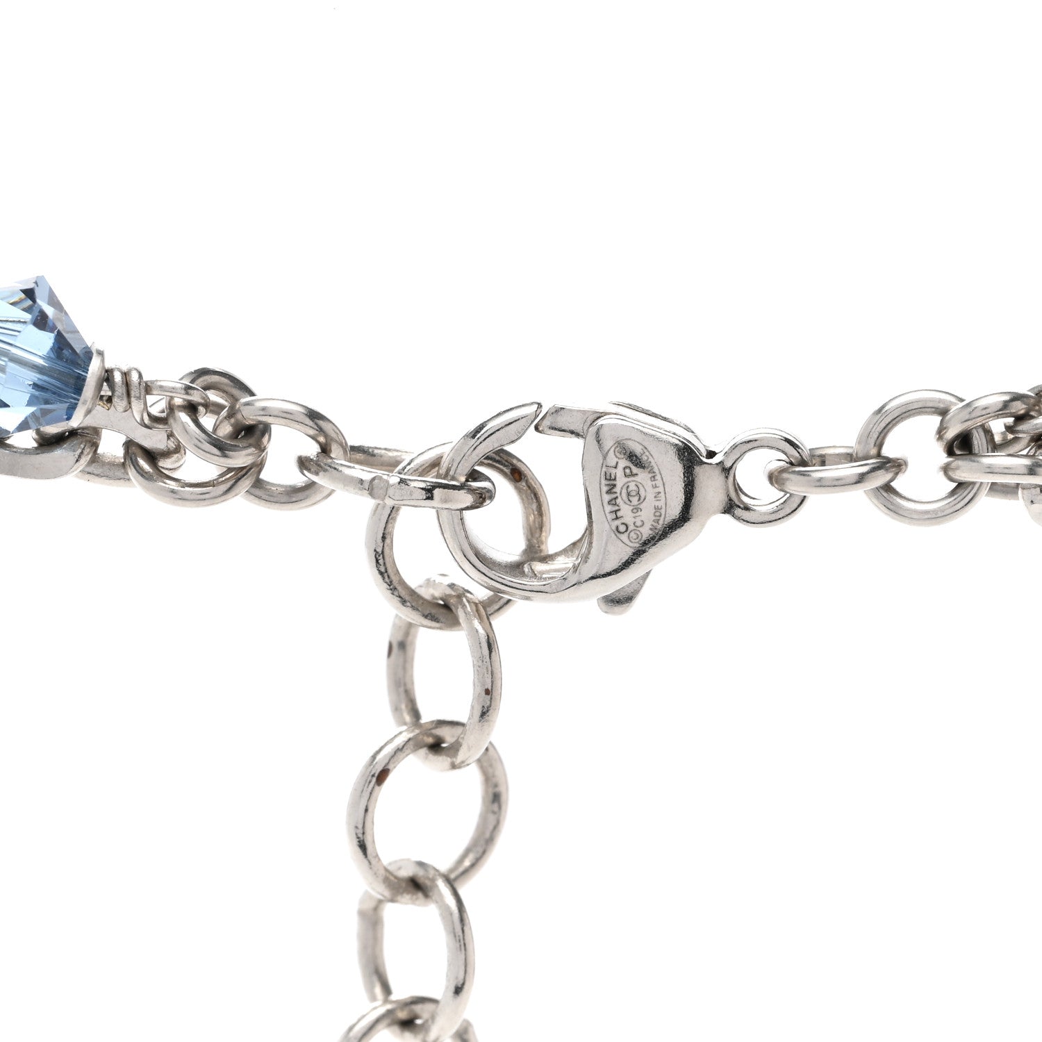 Chanel Pearl Crystal Bead CC Long Necklace Silver Blue 5 of 5