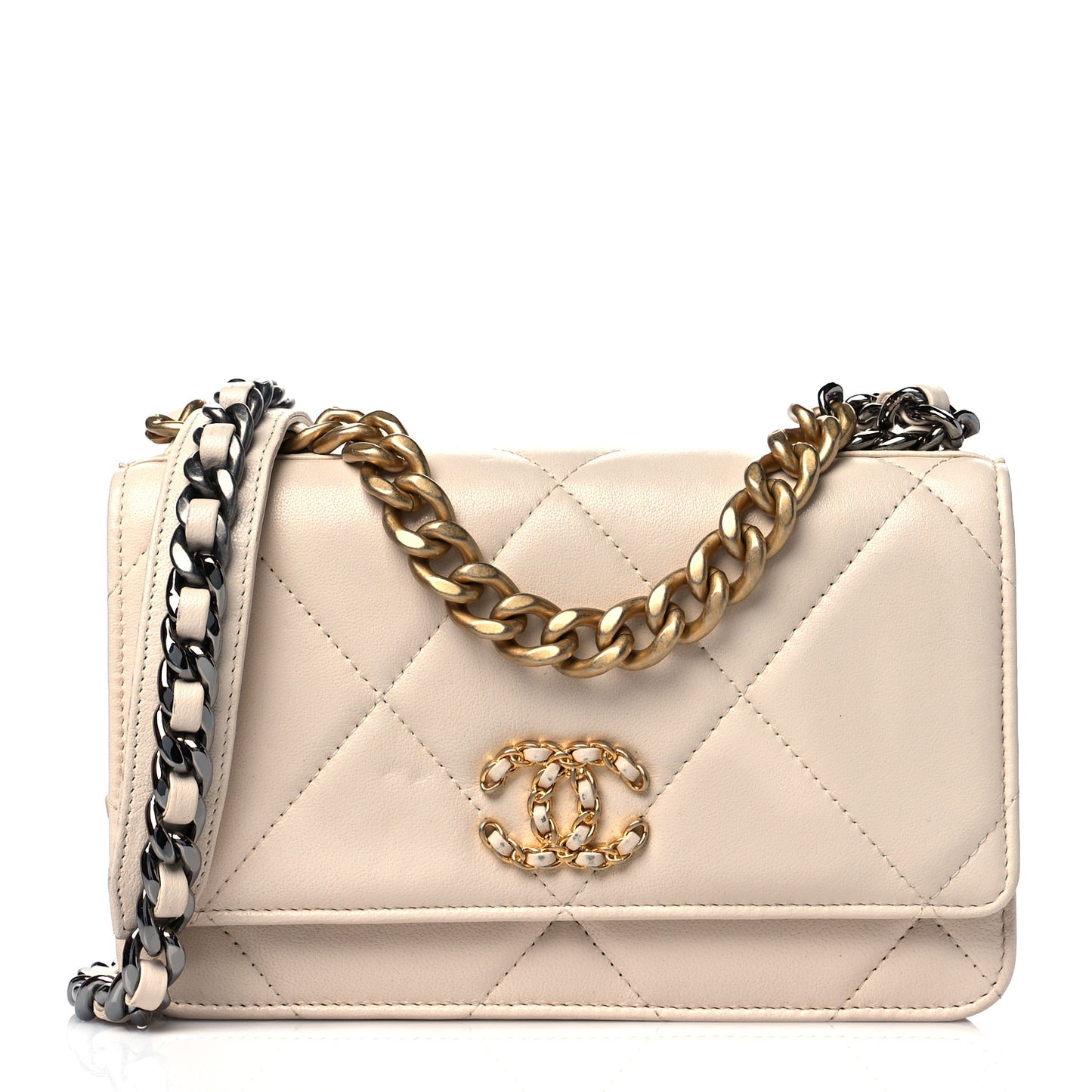 Goatskin Quilted Chanel 19 Wallet On Chain WOC Light Beige