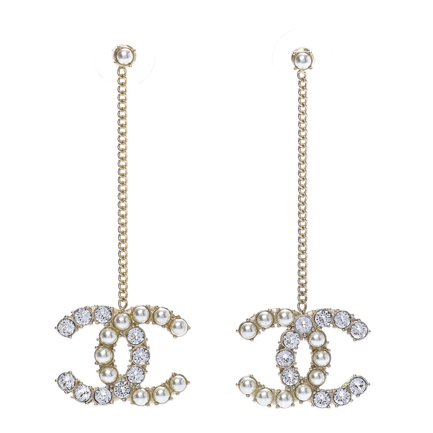 Chanel Crystal Pearl Dazzling Domino CC Drop Earrings Gold 1 of 4