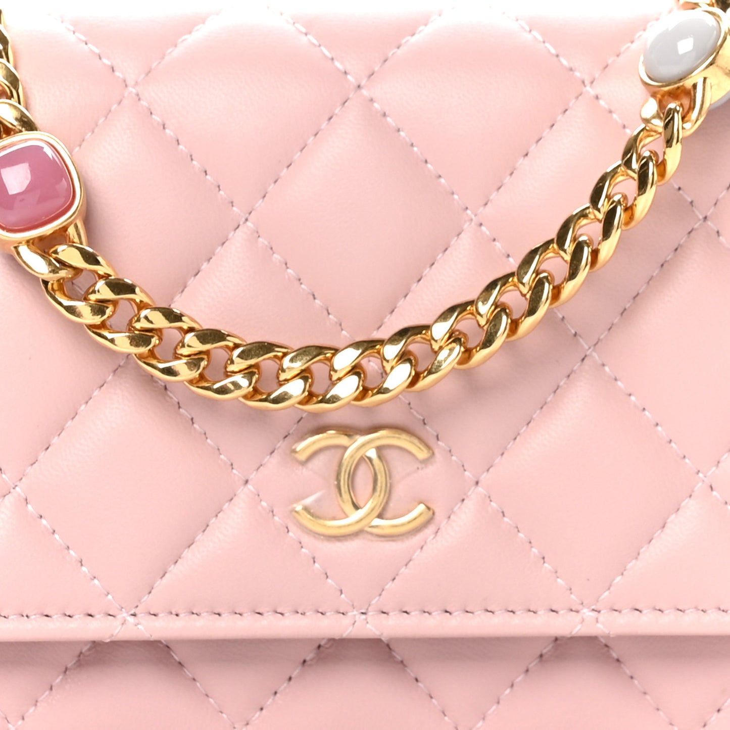 Lambskin Quilted CC Pearl Enamel Clutch on Chain WOC Light Pink