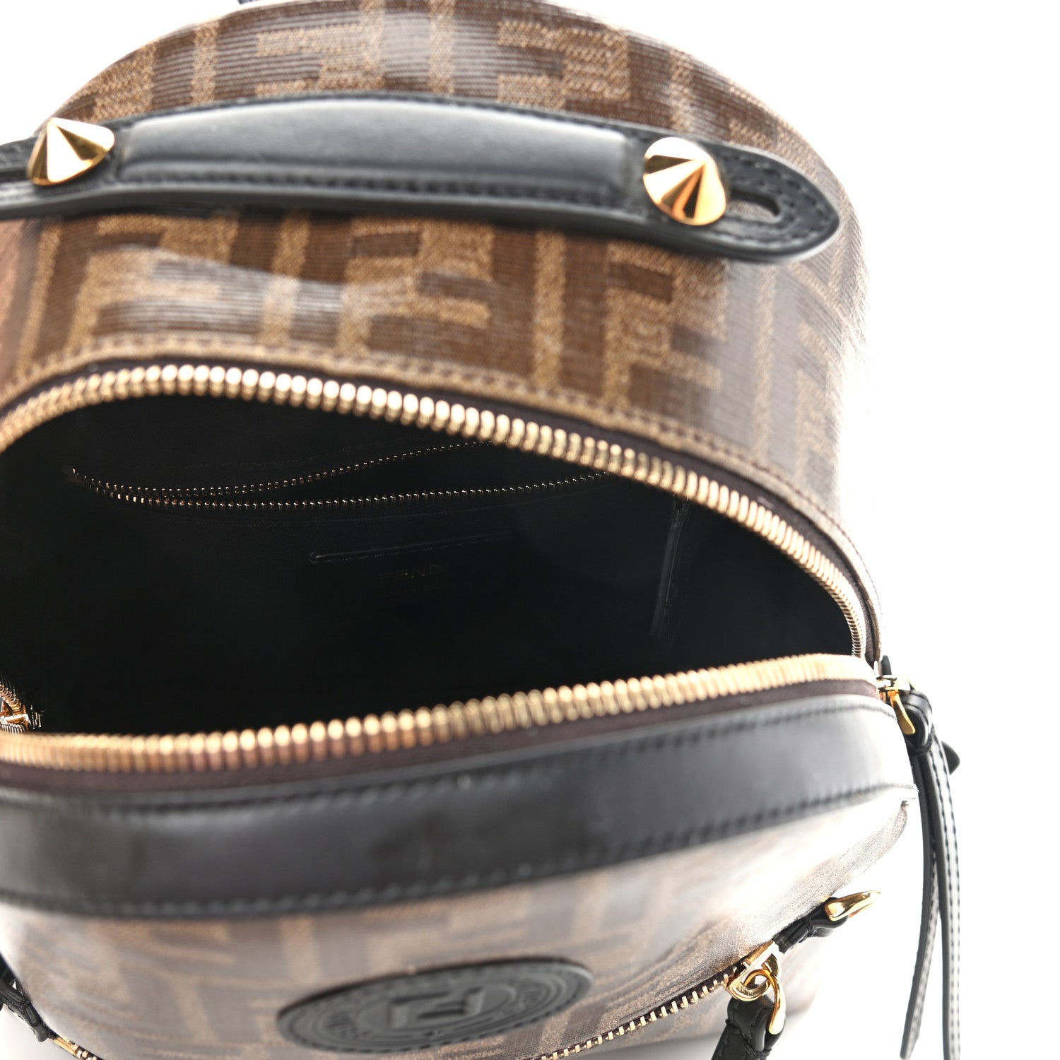 Fendi Glazed Fabric Vitello Century FF 1974 Stamp Patch Mini Backpack Mogano Panna Black 5 of 11