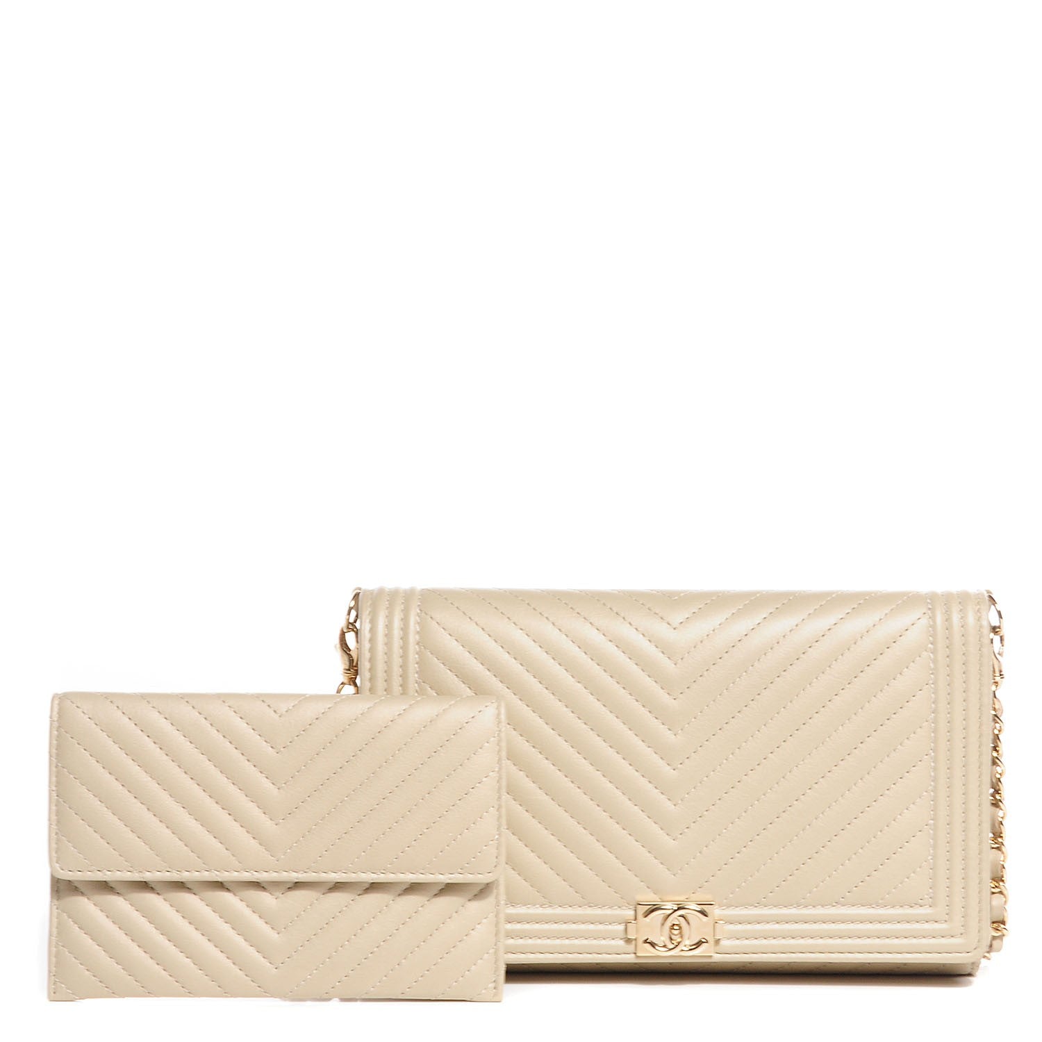 Chanel Calfskin Chevron Boy Wallet On Removable Chain WOC Beige Clair 9 of 10
