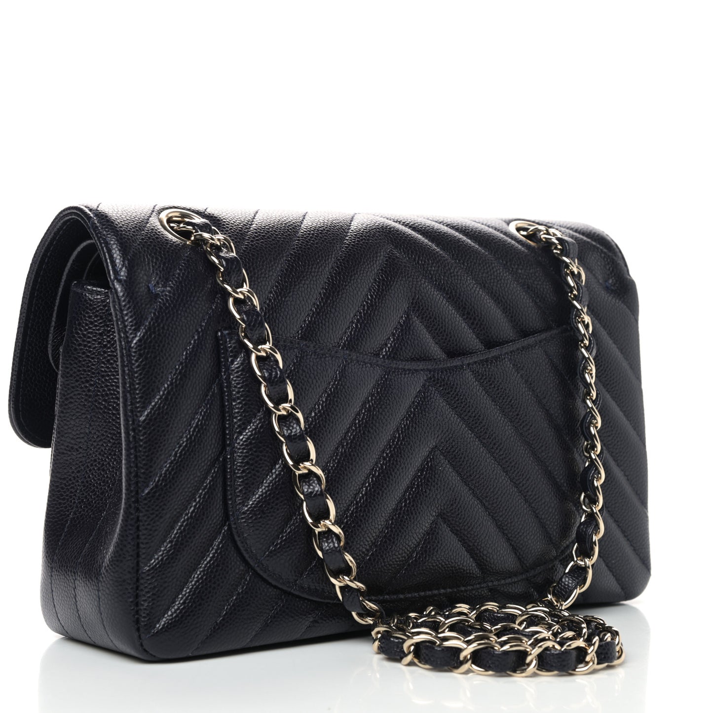Caviar Chevron Quilted Small Double Flap Navy Blue
