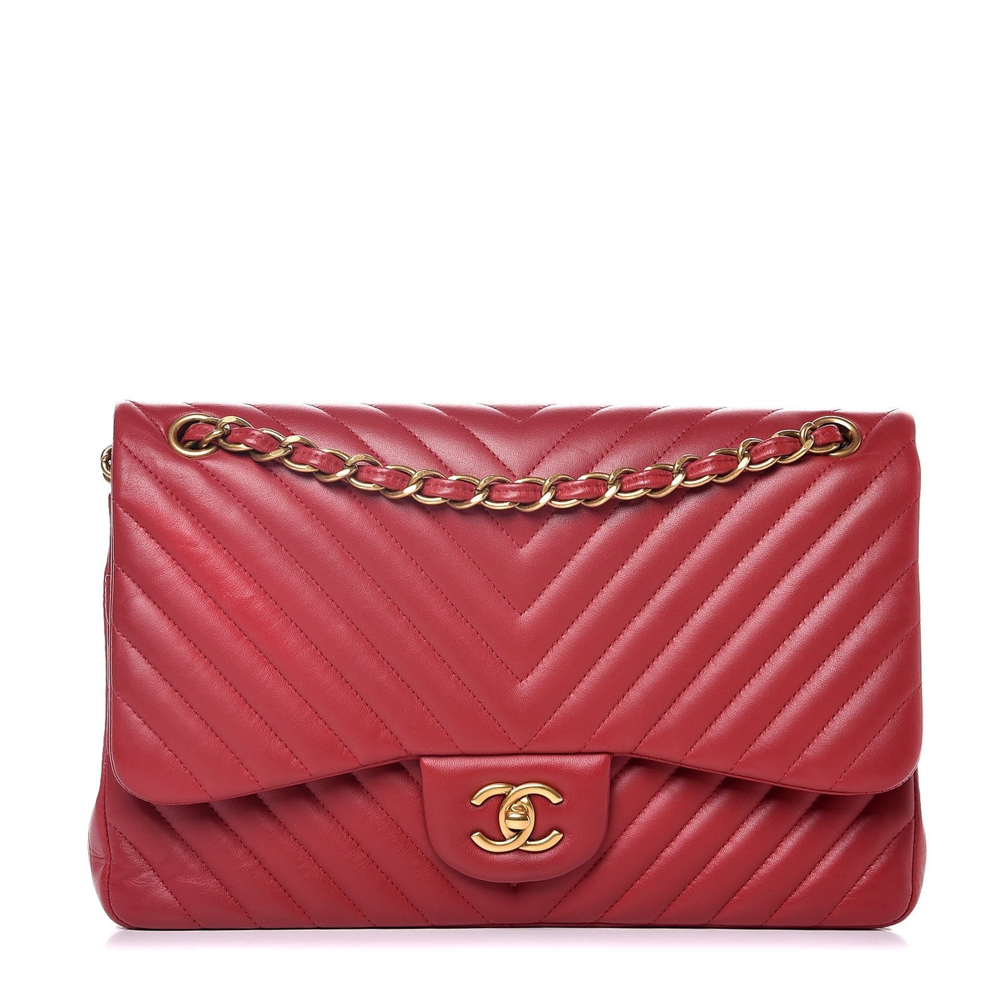 Lambskin Chevron Quilted Jumbo Double Flap Red