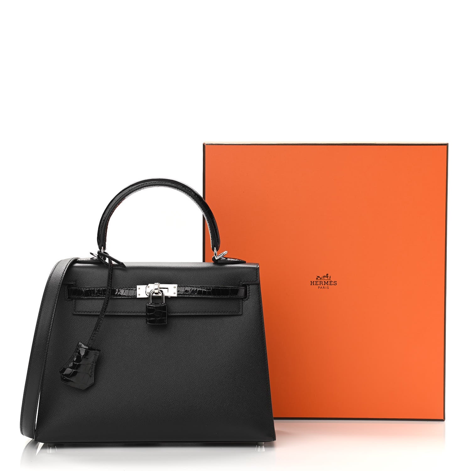 Hermes Madame Calfskin Shiny Niloticus Crocodile Kelly Sellier Touch 25 Black 11 of 11