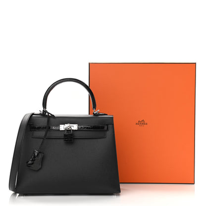 Hermes Madame Calfskin Shiny Niloticus Crocodile Kelly Sellier Touch 25 Black 11 of 11