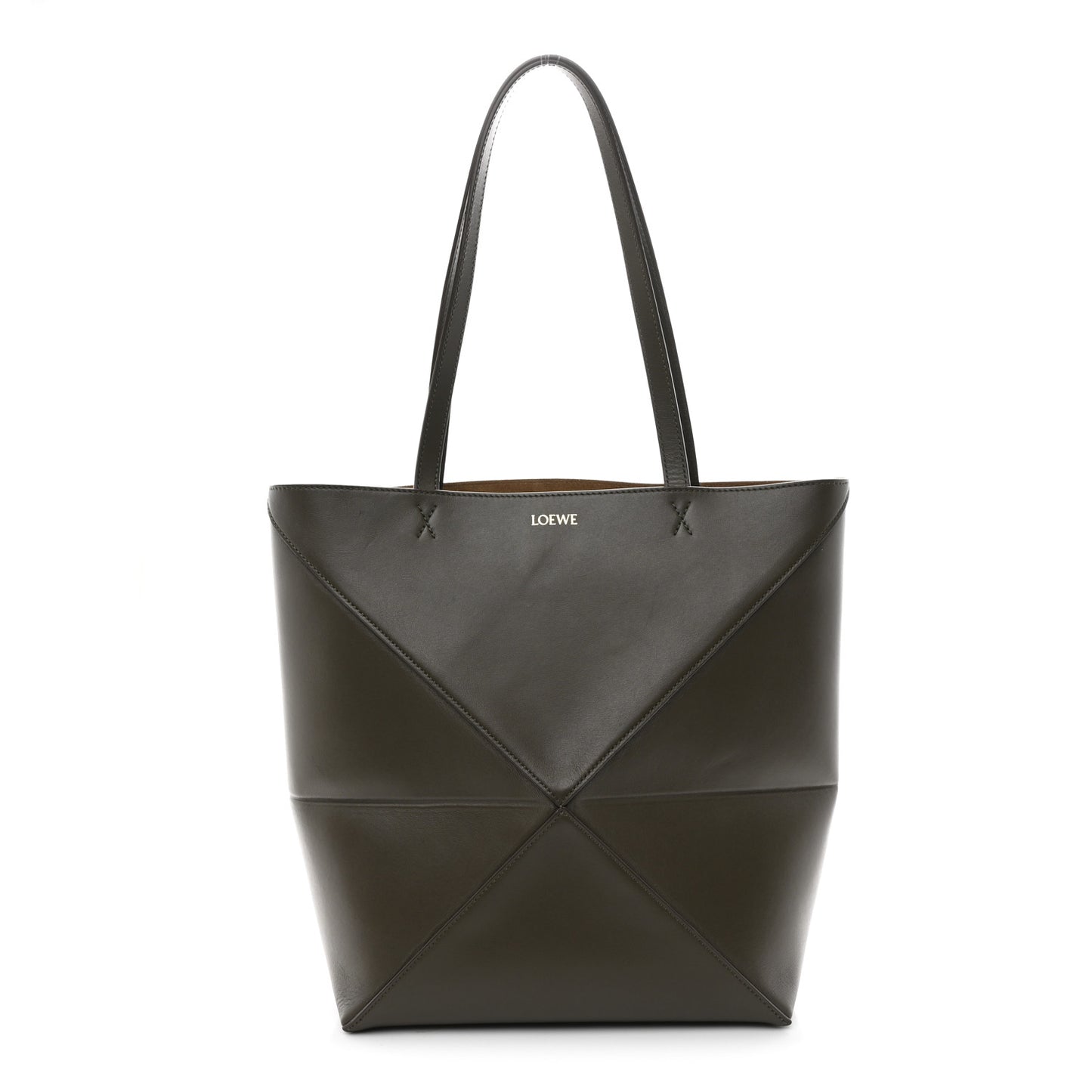 Shiny Calfskin Medium Puzzle Fold Tote Dark Khaki Green