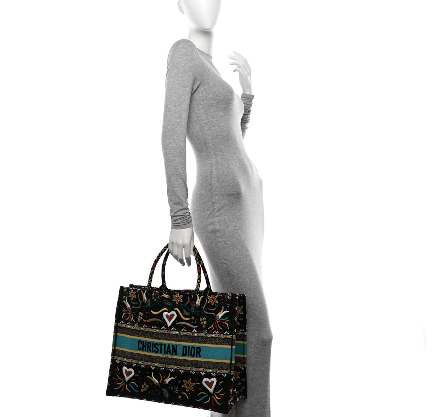 Canvas Embroidered Large Flowers Heart Book Tote Black Multicolor