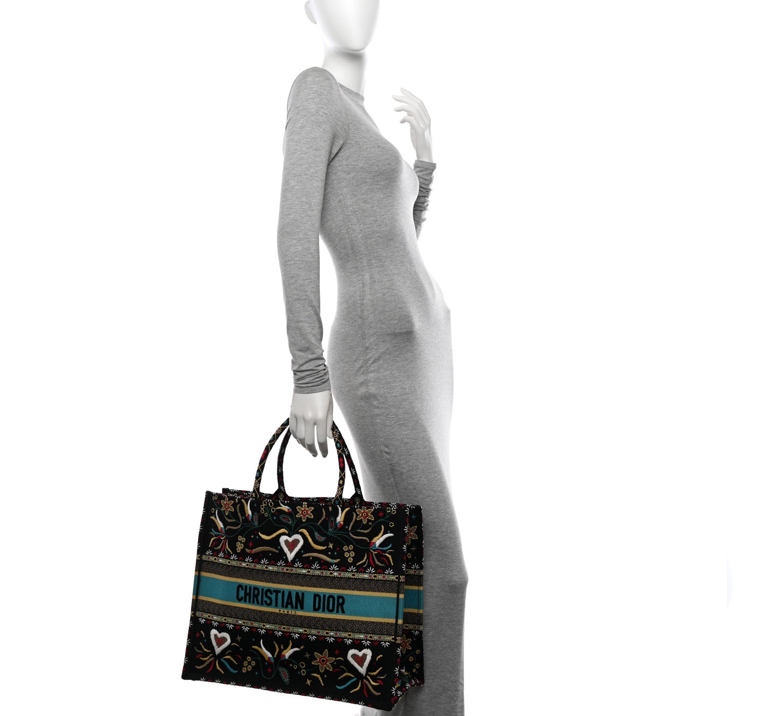 Christian Dior Canvas Embroidered Large Flowers Heart Book Tote Black Multicolor 2 of 10