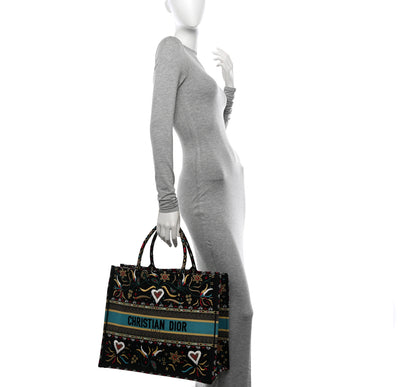 Christian Dior Canvas Embroidered Large Flowers Heart Book Tote Black Multicolor 2 of 10
