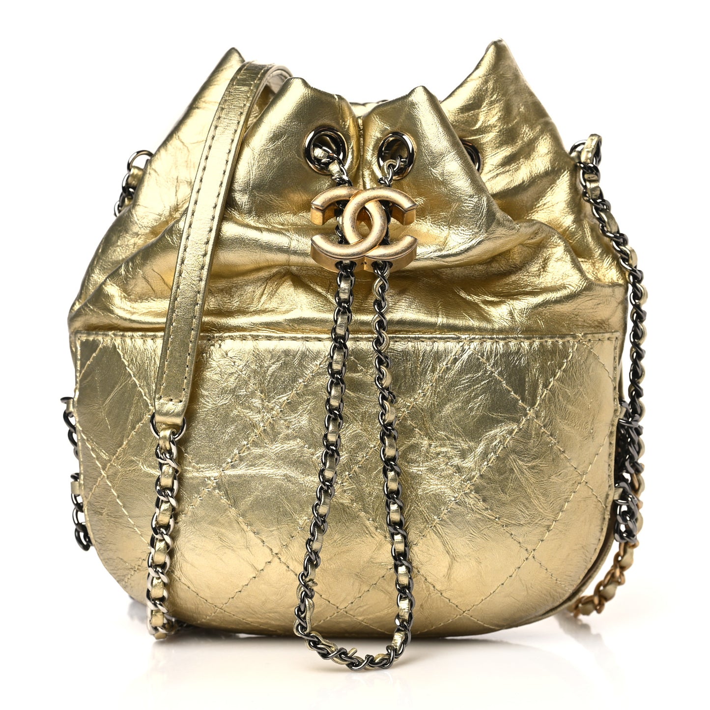 Metallic Aged Calfskin Quilted Small Gabrielle Bucket Gold
