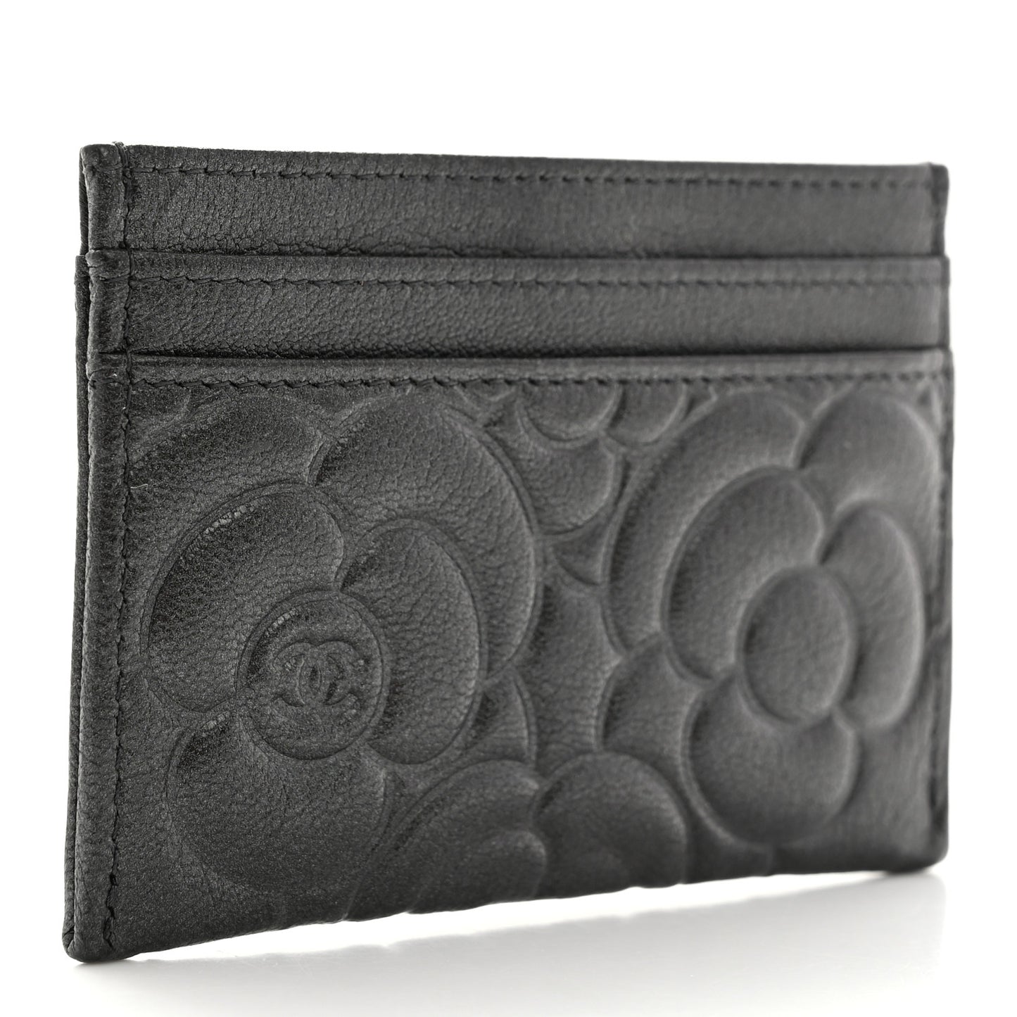 Goatskin Camellia Embossed Card Holder Grey