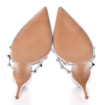 Valentino Garavani Metallic Pebbled Calfskin Rockstud 90mm Cage Mules 37 Silver 5 of 9