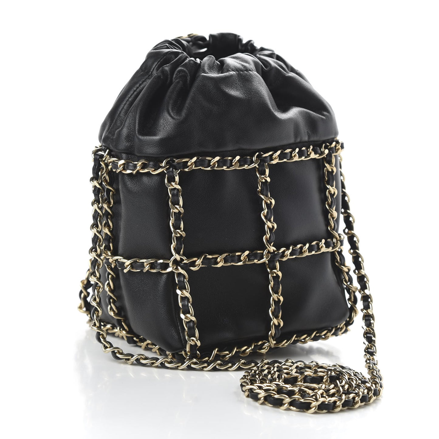 Lambskin Bucket Chain Drawstring Bag Black