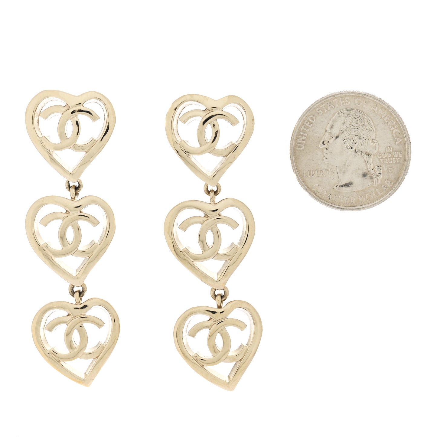 Metal CC Triple Heart Coco In Love Drop Earrings Gold