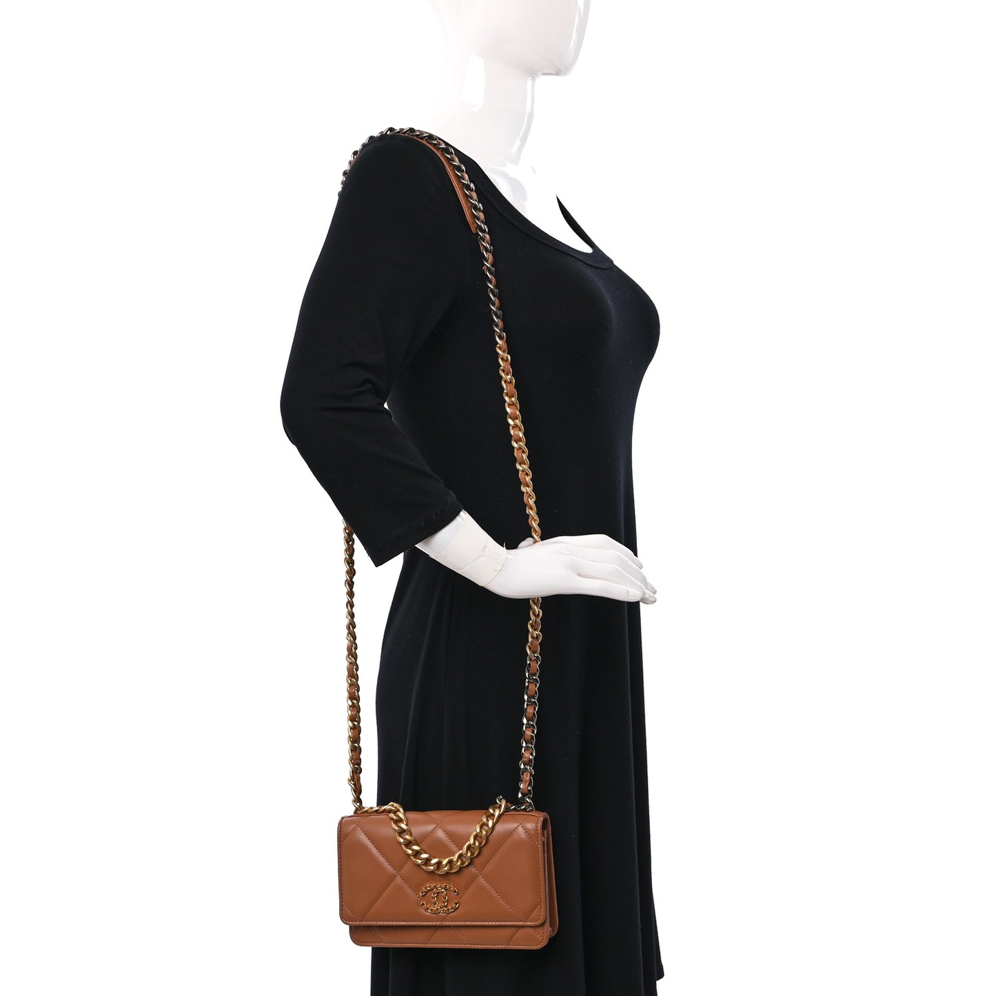 Lambskin Quilted Chanel 19 Wallet On Chain WOC Brown