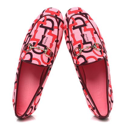 Gucci Betis Glamour Canvas Horsebit Print Womens Jordaan Loafers 35.5 Pink Rosso Ancora 2 of 10