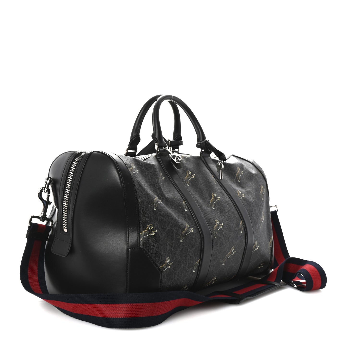 GG Supreme Monogram Calfskin Web Tigers Medium Carry On Duffle Bag Black Multicolor