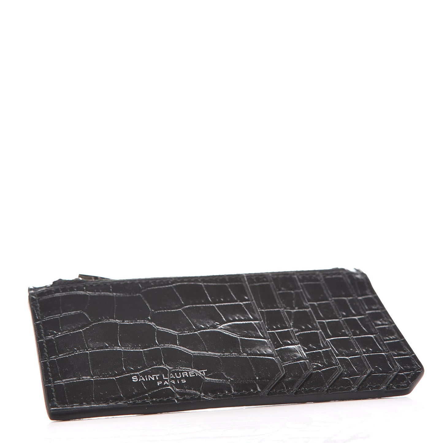 Calfskin Crocodile Embossed 5 Fragments Zip Pouch Card Holder Black