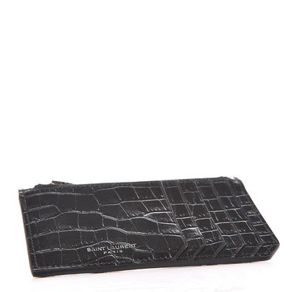 Saint Laurent Calfskin Crocodile Embossed 5 Fragments Zip Pouch Card Holder Black 4 of 7
