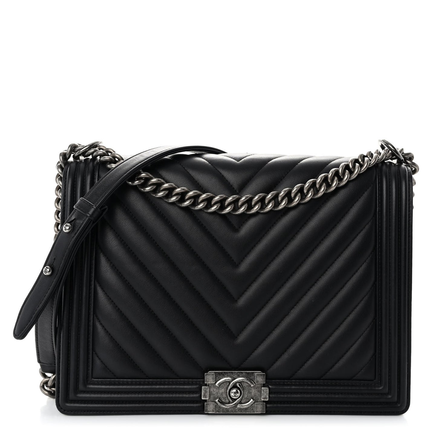 Calfskin Chevron Quilted Large Boy Flap Black
