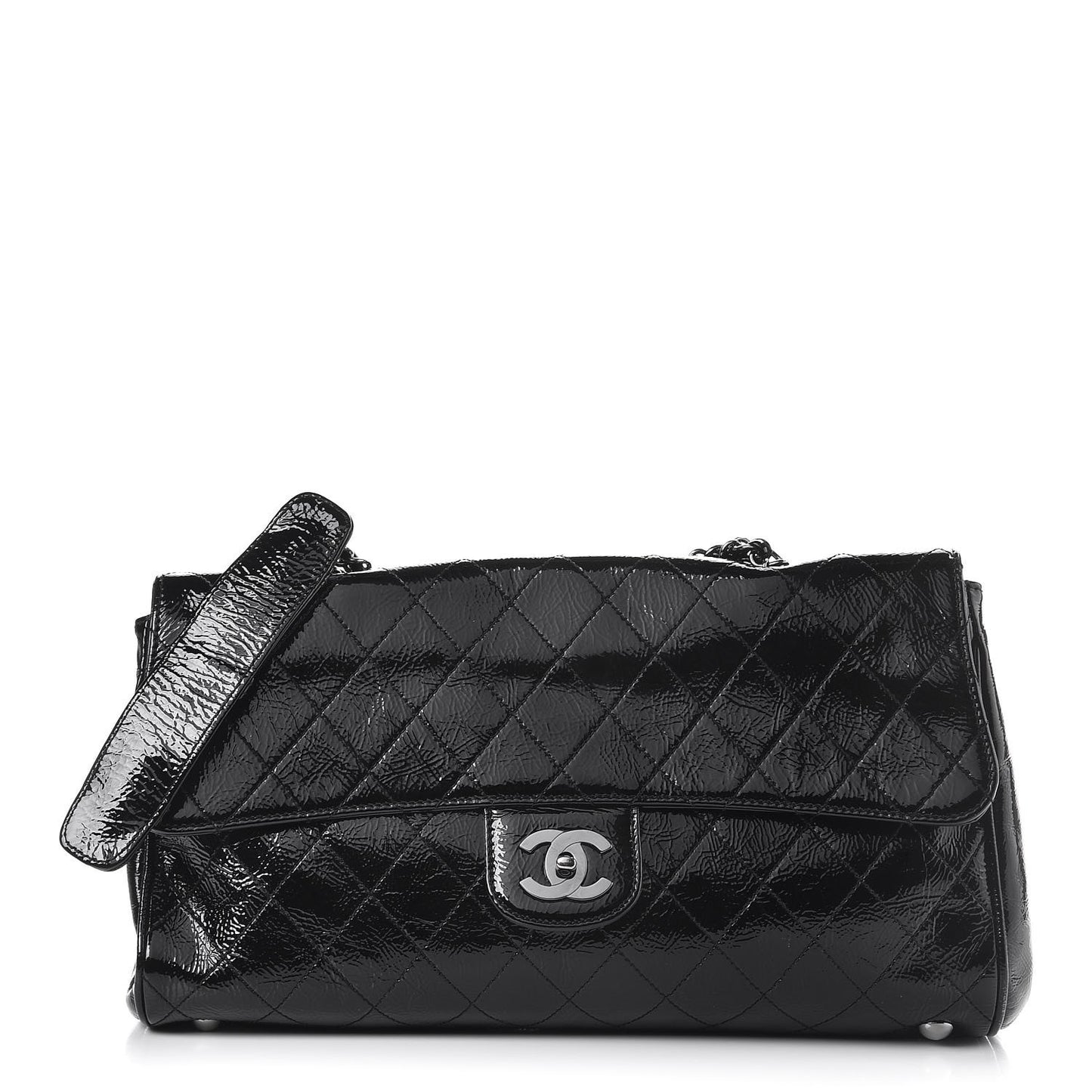 Distressed Patent Quilted Ritz Flap Bag Black