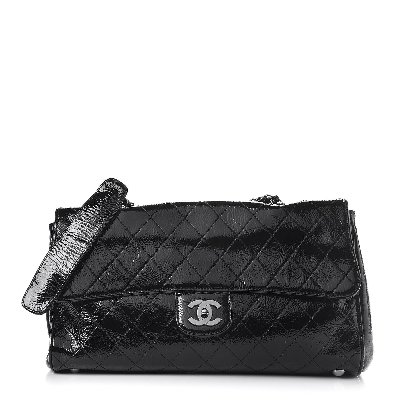 Chanel Distressed Patent Quilted Ritz Flap Bag Black 1 of 15