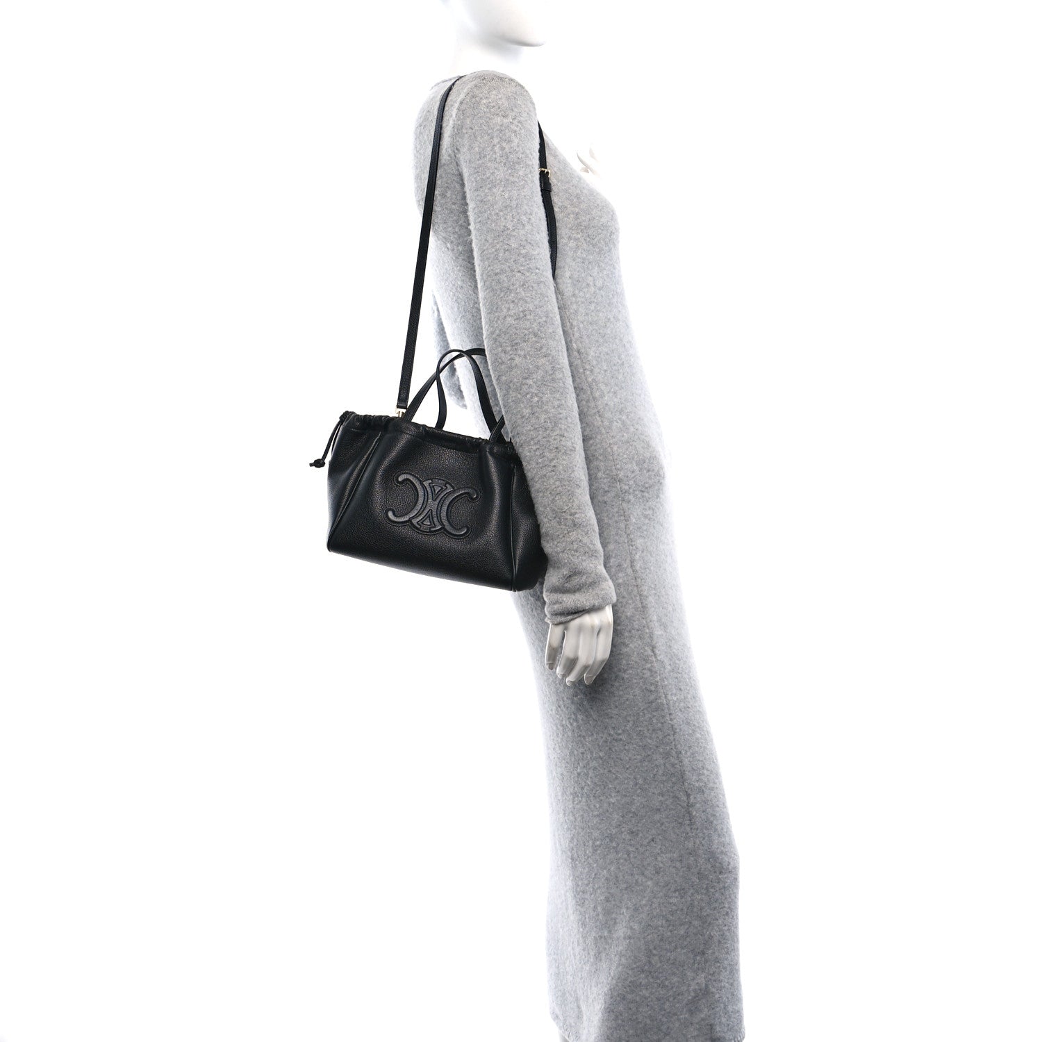 Celine Grained Calfskin Cuir Triomphe Small Cabas Drawstring Black 2 of 10