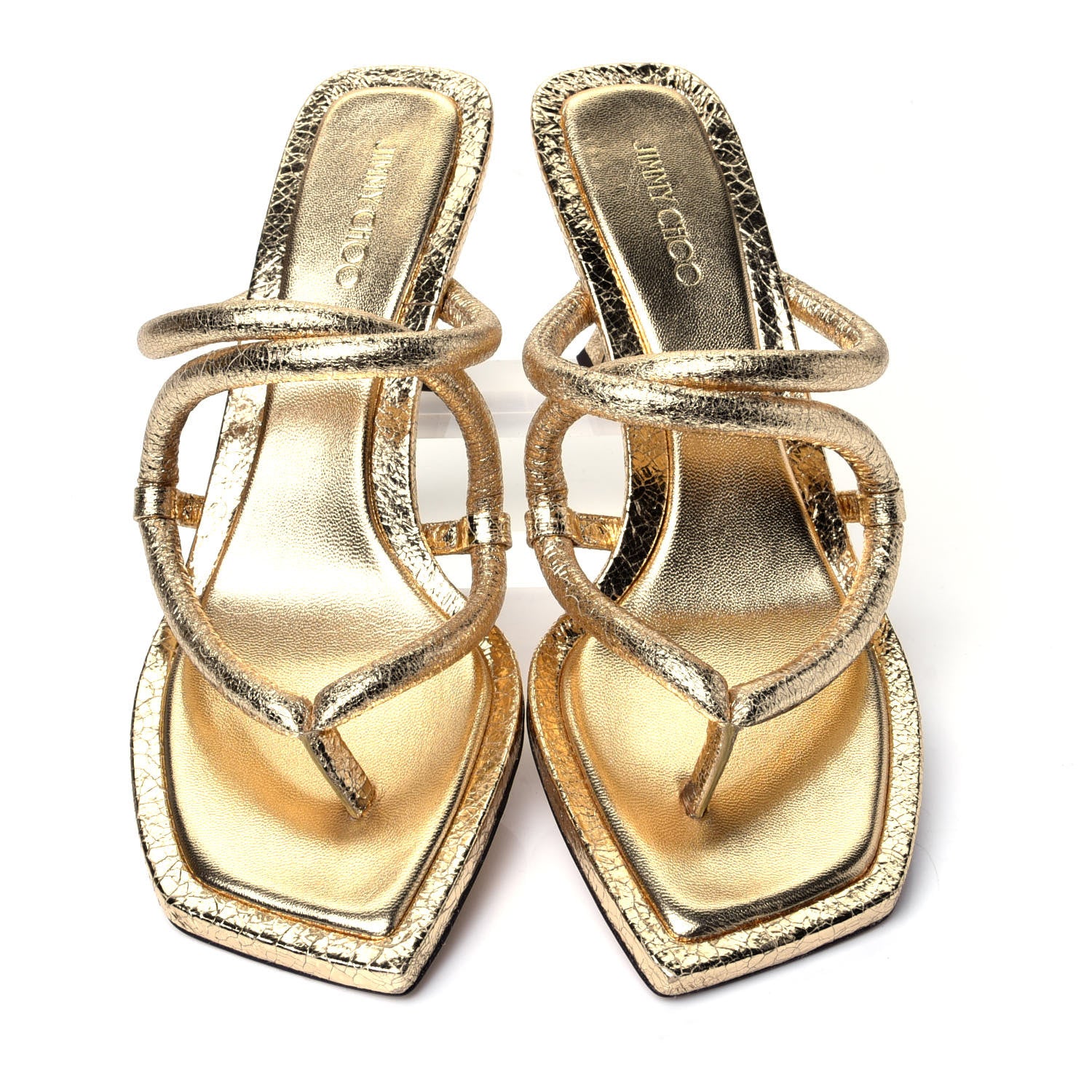 Jimmy Choo Metallic Crackled Calfskin Cape 75 Strappy Slide Sandals 38 Gold 5 of 10