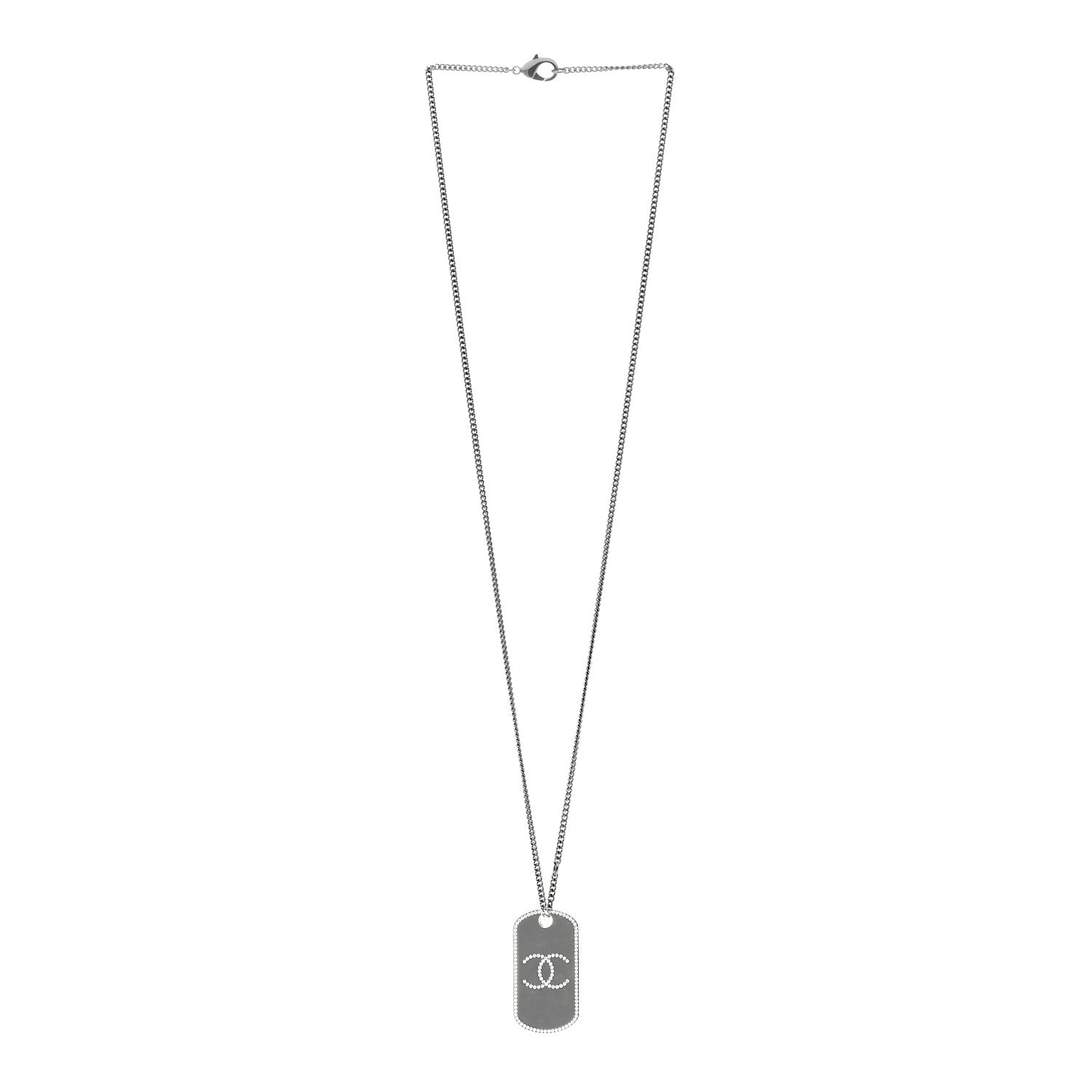 Chanel Metal Crystal Ruthenium Dog Tag Charm Necklace Black 3 of 5