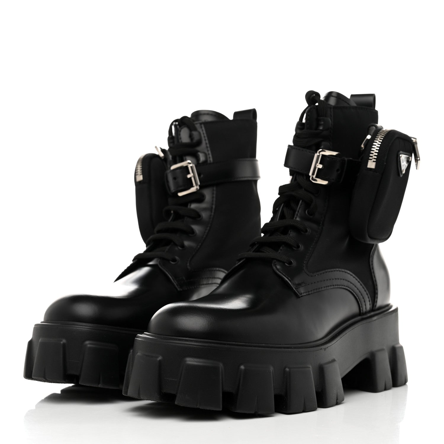 Prada Spazzolato Rois Re-Nylon Metal Triangle Logo Monolith Pouch Pocket 55mm Boots 38.5 Black 3 of 9