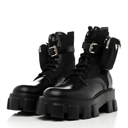 Prada Spazzolato Rois Re-Nylon Metal Triangle Logo Monolith Pouch Pocket 55mm Boots 38.5 Black 3 of 9
