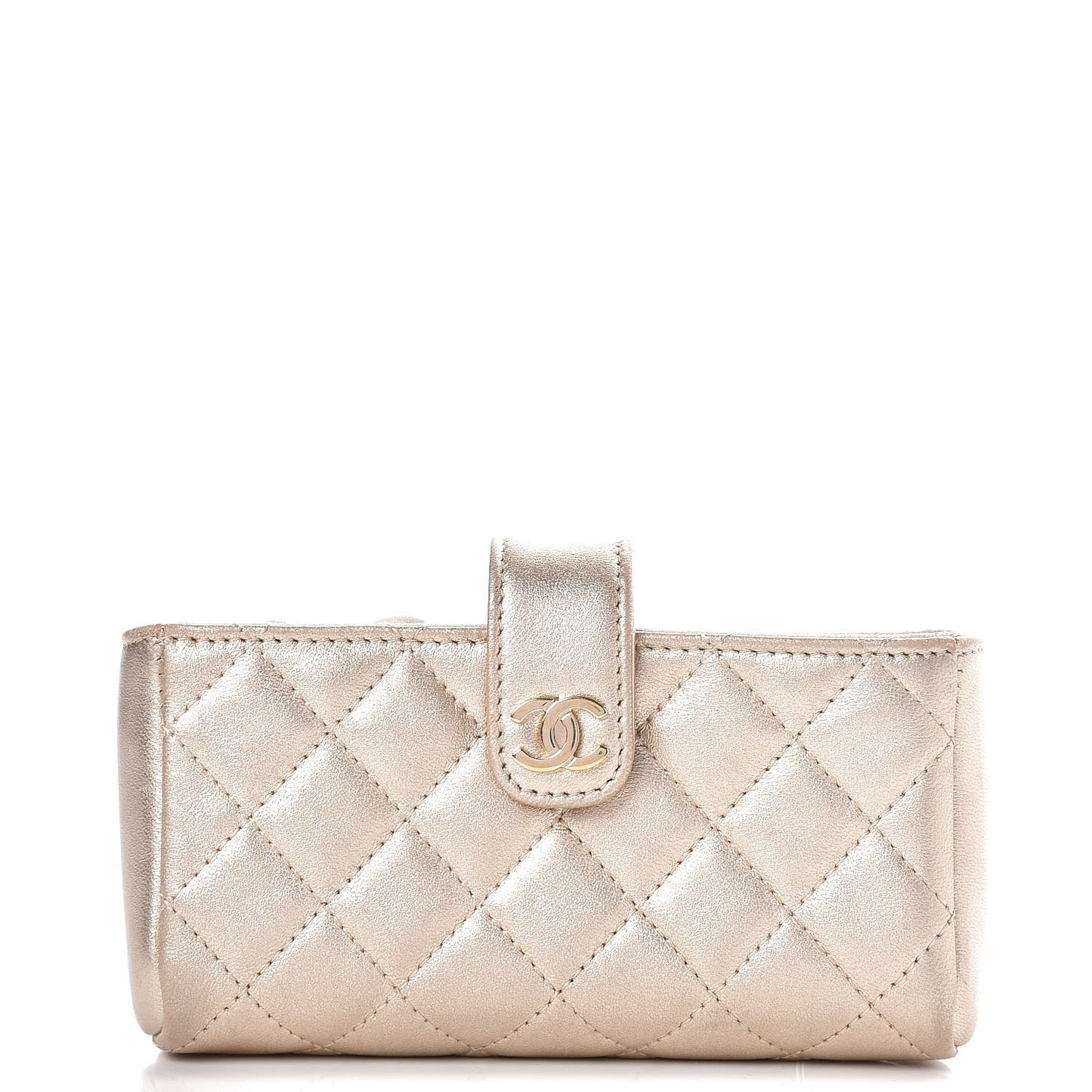 Metallic Lambskin Quilted Mini Phone Holder Clutch Light Gold