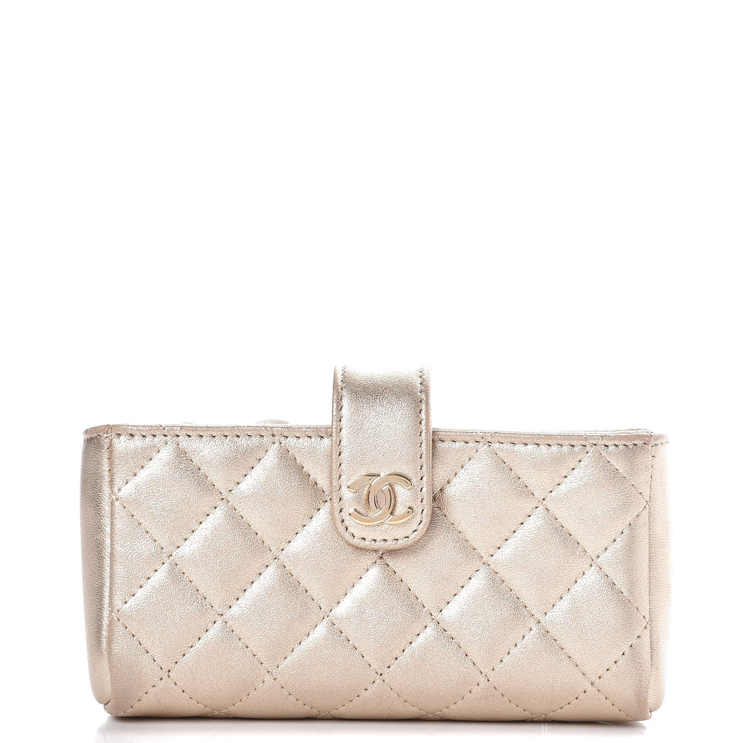 Chanel Metallic Lambskin Quilted Mini Phone Holder Clutch Light Gold 1 of 7