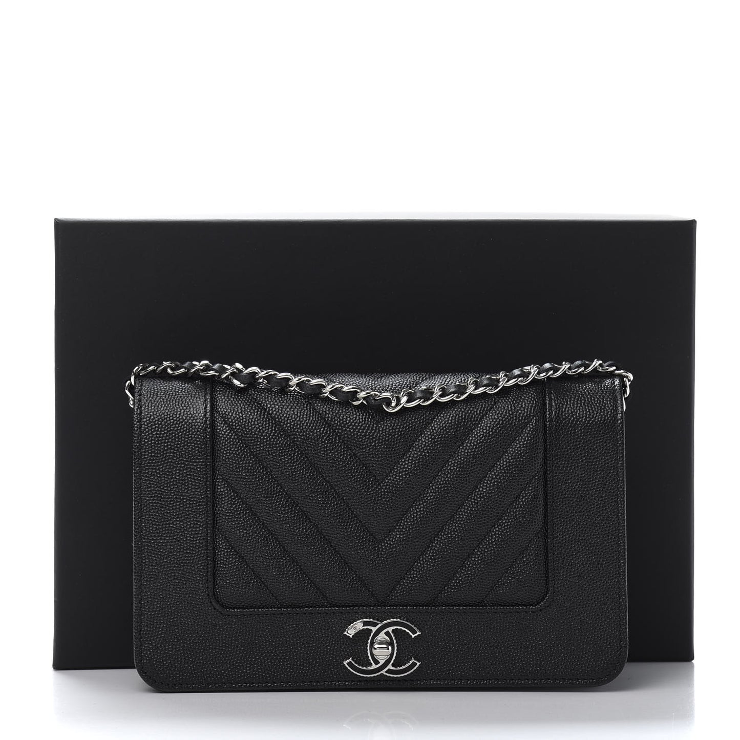 Caviar Chevron Quilted Vintage Mademoiselle Wallet On Chain WOC Black