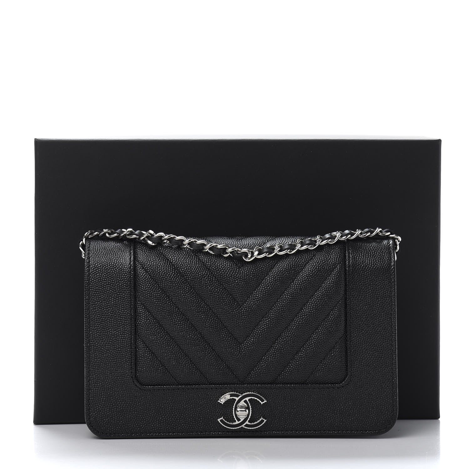 Chanel Caviar Chevron Quilted Vintage Mademoiselle Wallet On Chain WOC Black 12 of 12