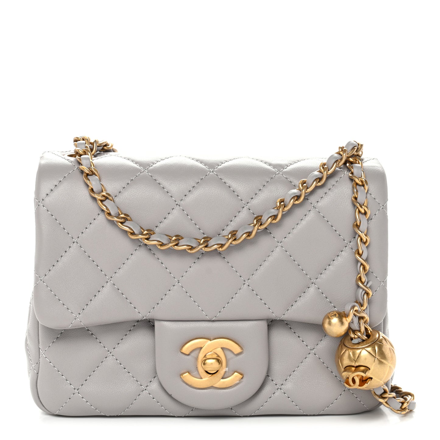 Lambskin Quilted Mini Pearl Crush Flap Light Grey